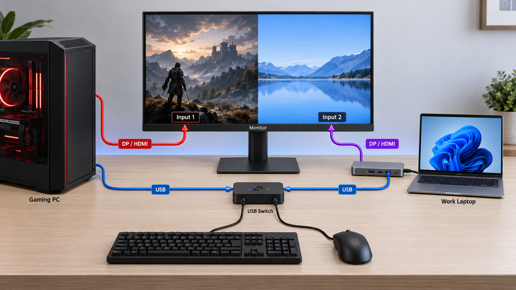 Gaming PC and work laptop using direct monitor video connections with a USB switch for shared peripherals
