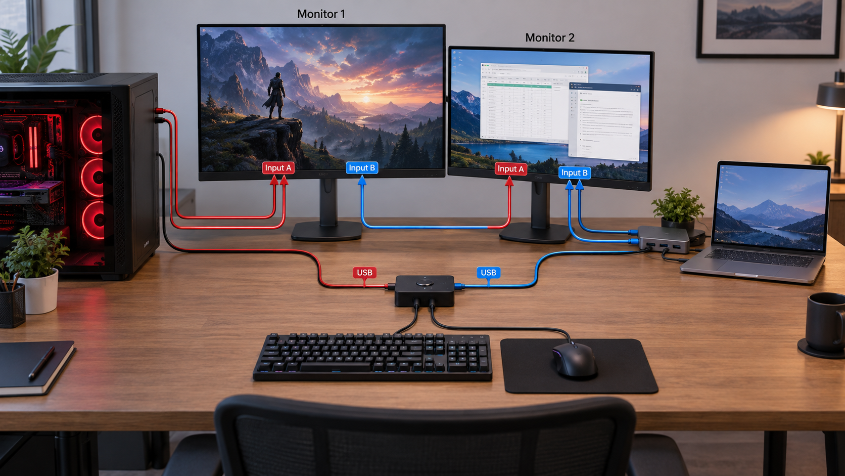 Two-monitor asymmetric setup with a gaming PC and work laptop connected to separate display inputs