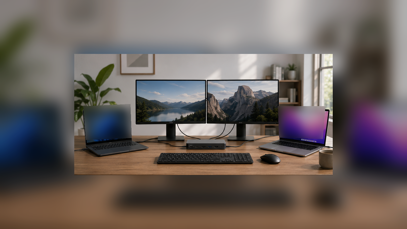 Two-laptop dual-monitor desk with shared peripherals connected through a central KVM docking station