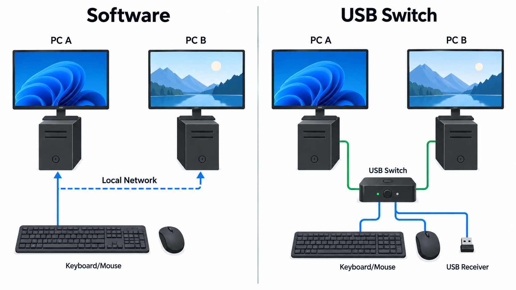 SetupMeld illustration for article keyboard mouse software vs usb switch 02 architecture comparison