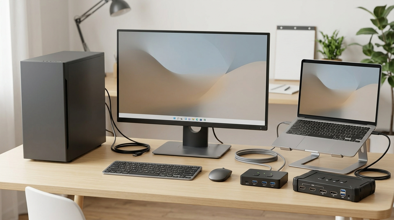 KVM and USB switch compared for sharing computers, displays, and peripherals