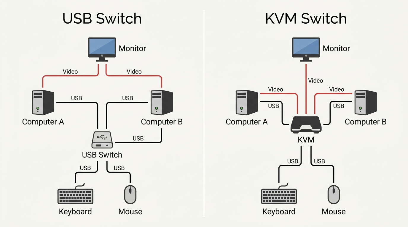 KVM and USB switch comparison showing their different video and peripheral paths