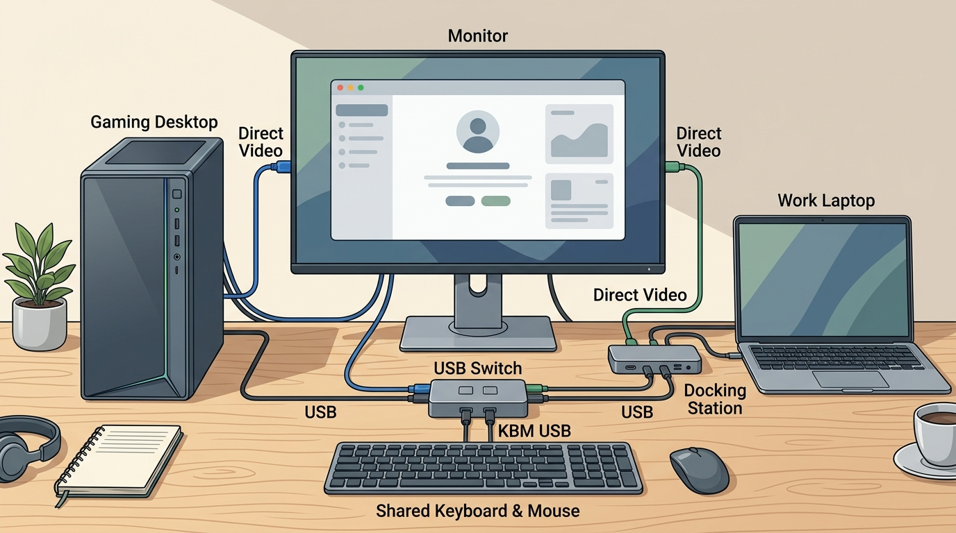 Gaming PC keeping a direct monitor connection while a USB switch shares peripherals with a work laptop