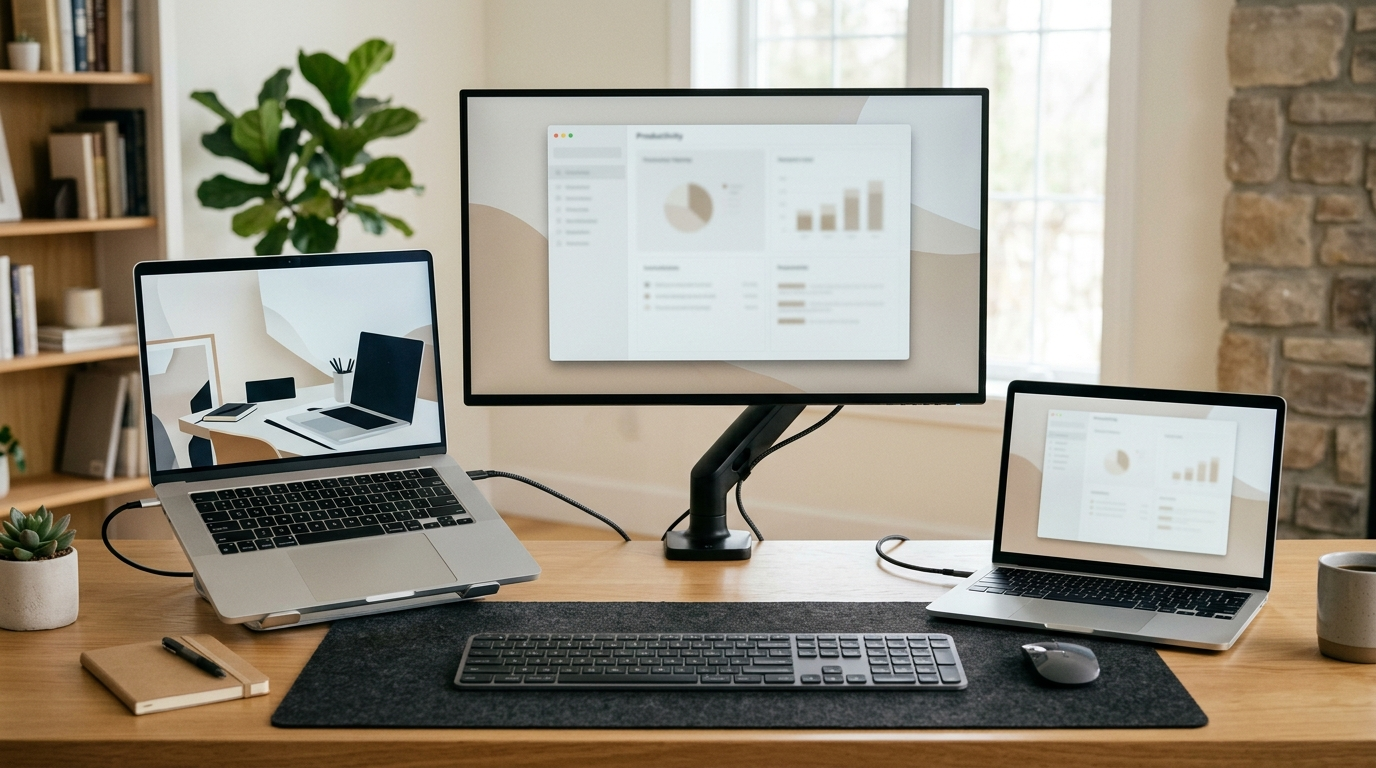 Two laptops sharing one monitor, keyboard, and mouse on one desk