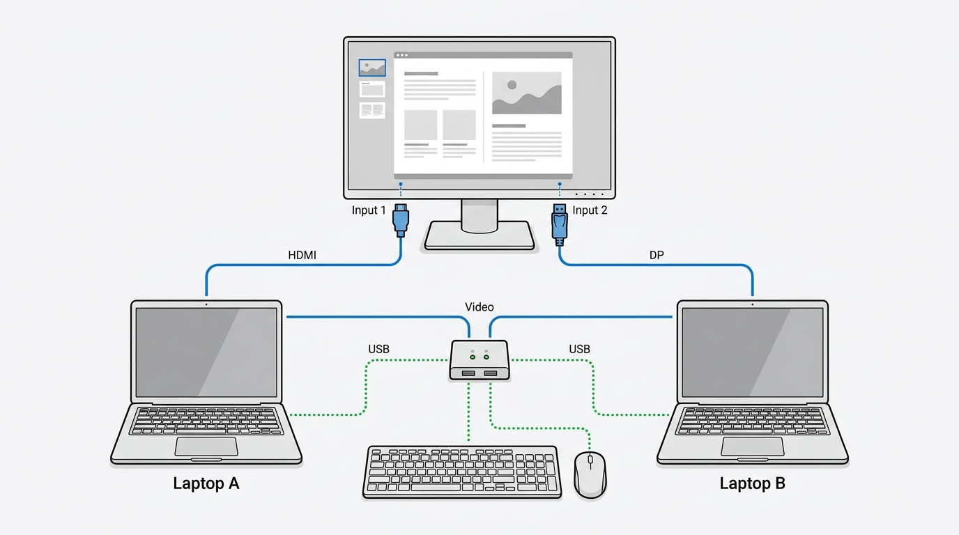 Two laptops connected to separate monitor inputs while a USB switch shares the keyboard and mouse