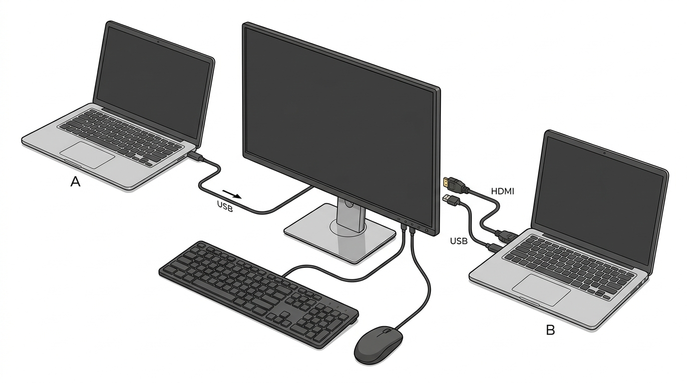 Monitor with a built-in KVM sharing one keyboard and mouse between two laptops
