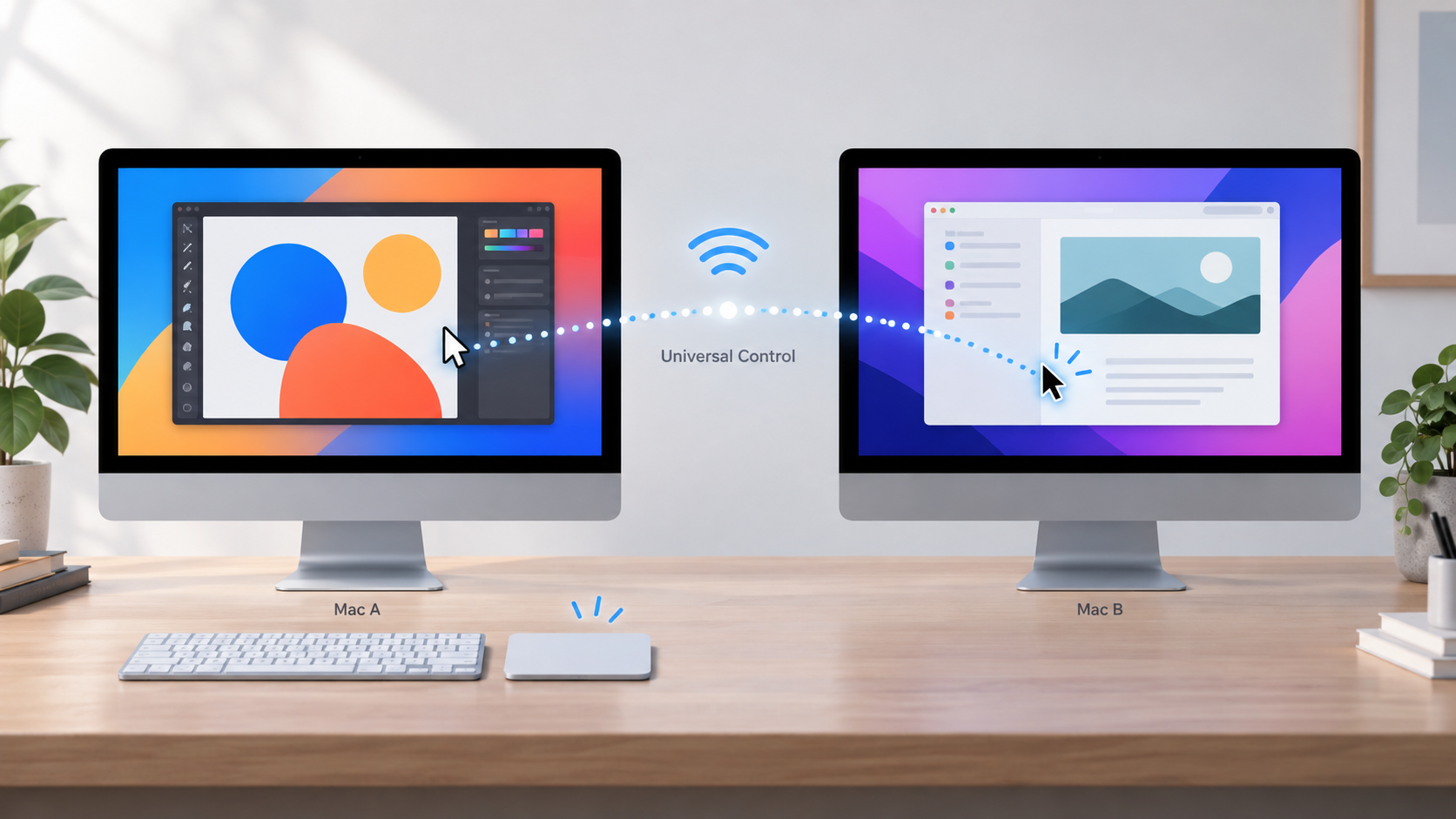 Universal Control sharing keyboard and pointer input between two Macs while each Mac keeps its own display