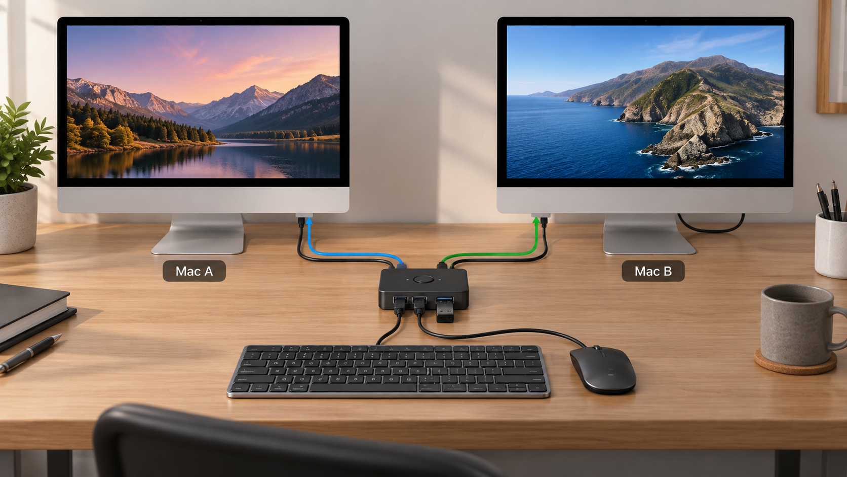 Two Macs sharing a keyboard and mouse through a USB switch while display video stays separate