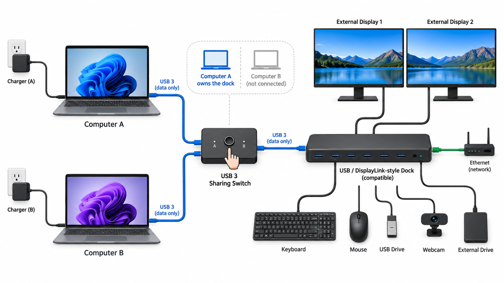 Compatible DisplayLink dock shared by two computers through a supported USB switch