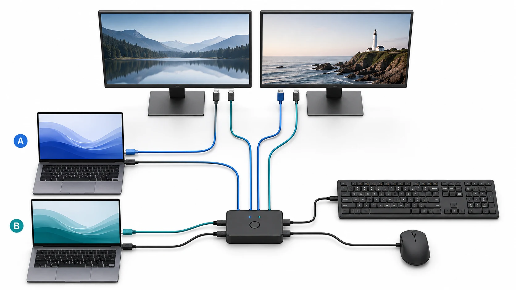 Two laptops connected directly to two monitors while a USB switch shares the keyboard and mouse