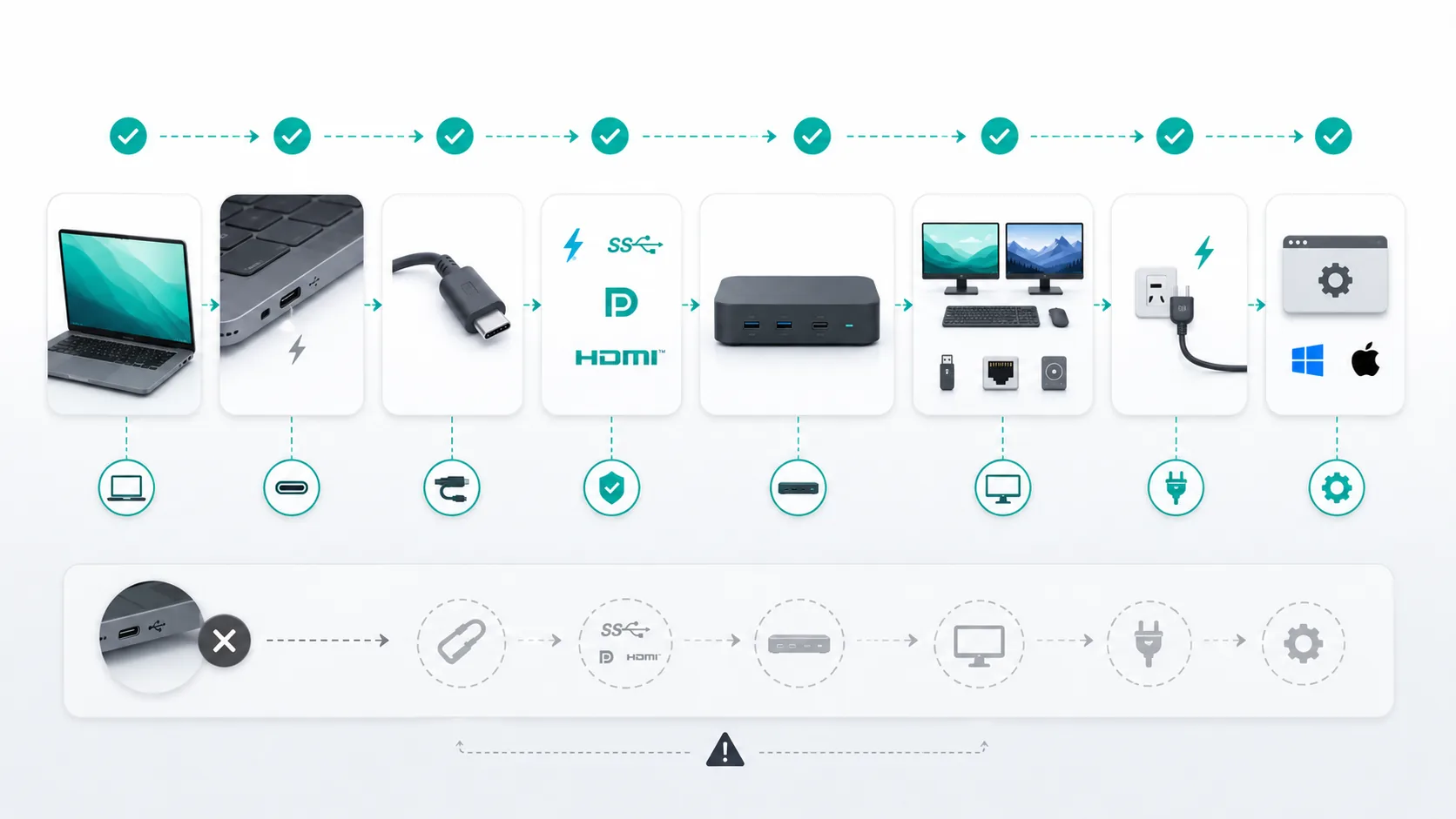 Laptop, cable, docking station, displays, and peripherals arranged for compatibility checking