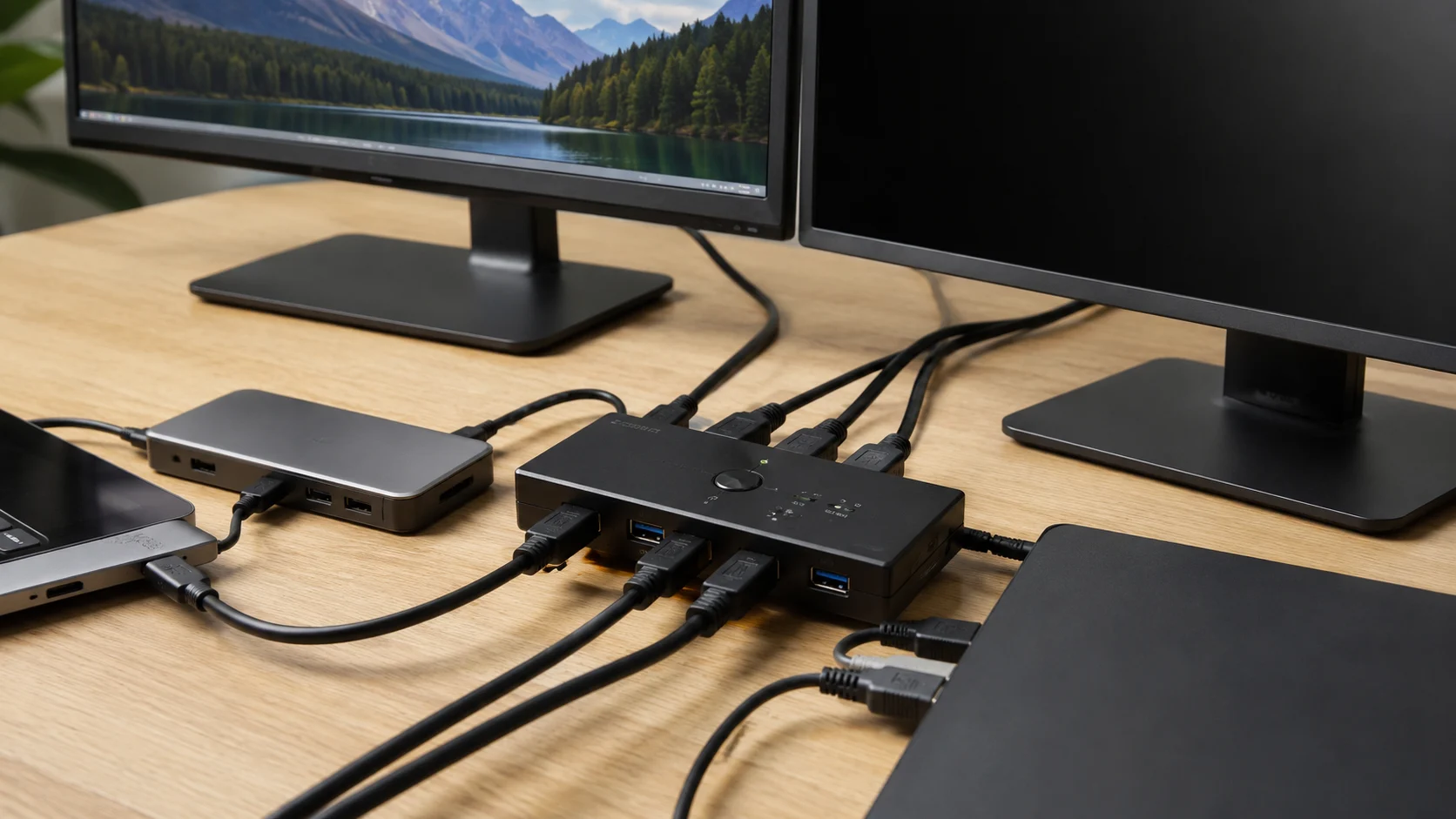 KVM cables connecting a laptop and two monitors