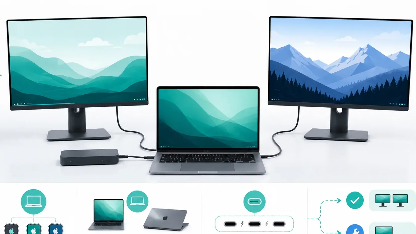 MacBook connected to two external monitors in a real home-office workspace