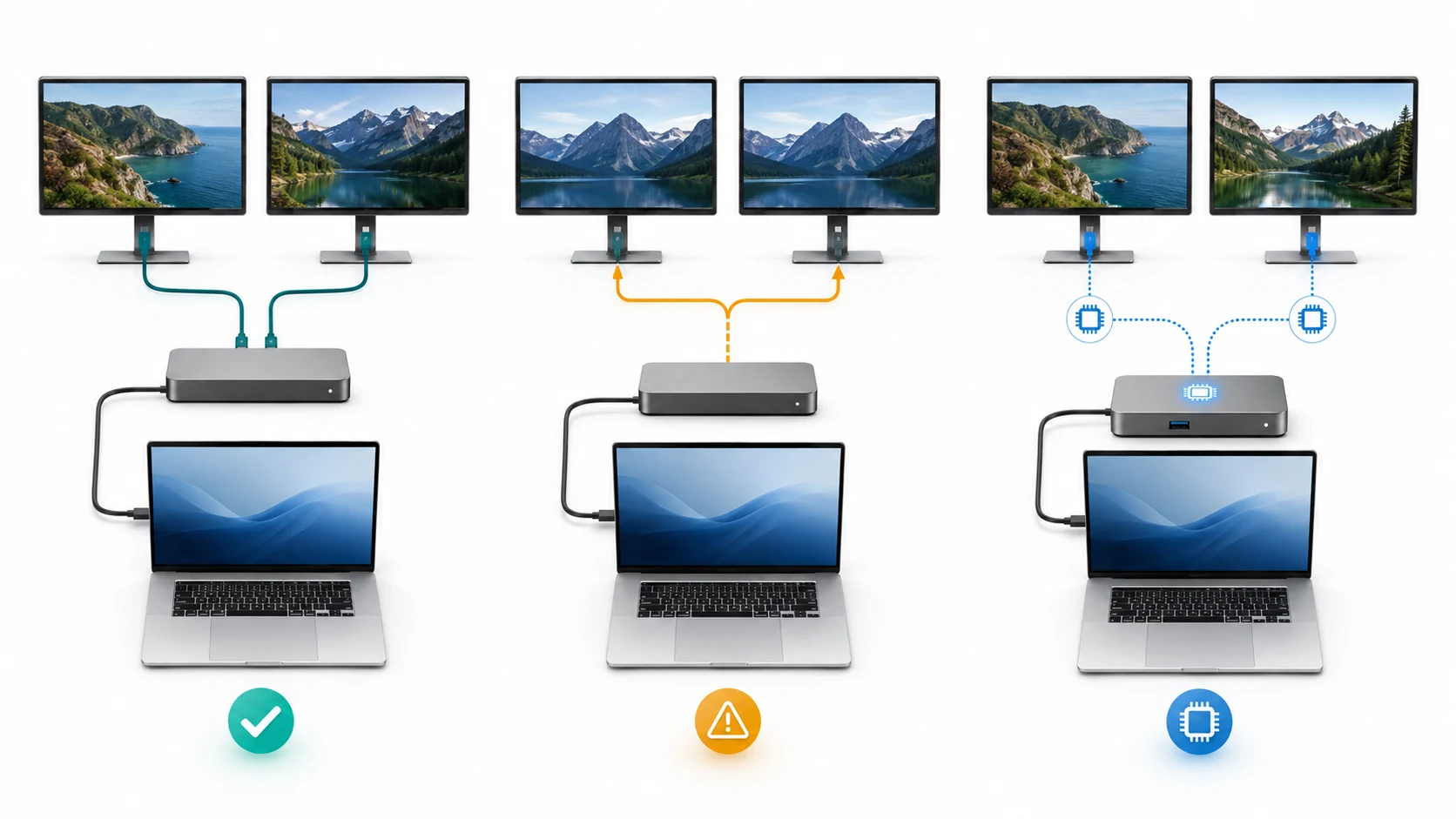 Compatible, warning, and DisplayLink paths for connecting a laptop to two monitors