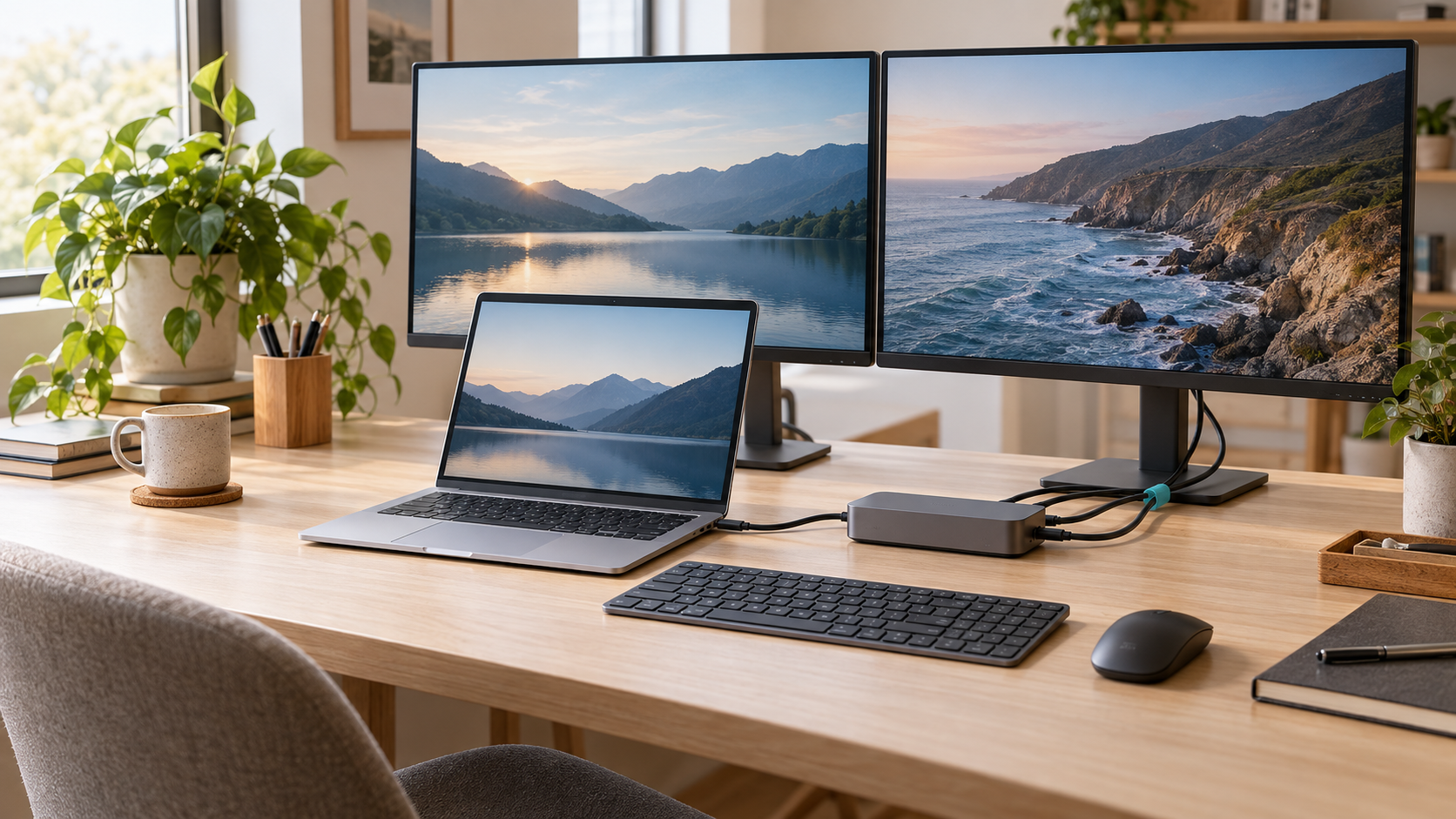 Conceptual MacBook Air desk with a dock, external displays, keyboard, and mouse; compatibility depends on the complete hardware and software path