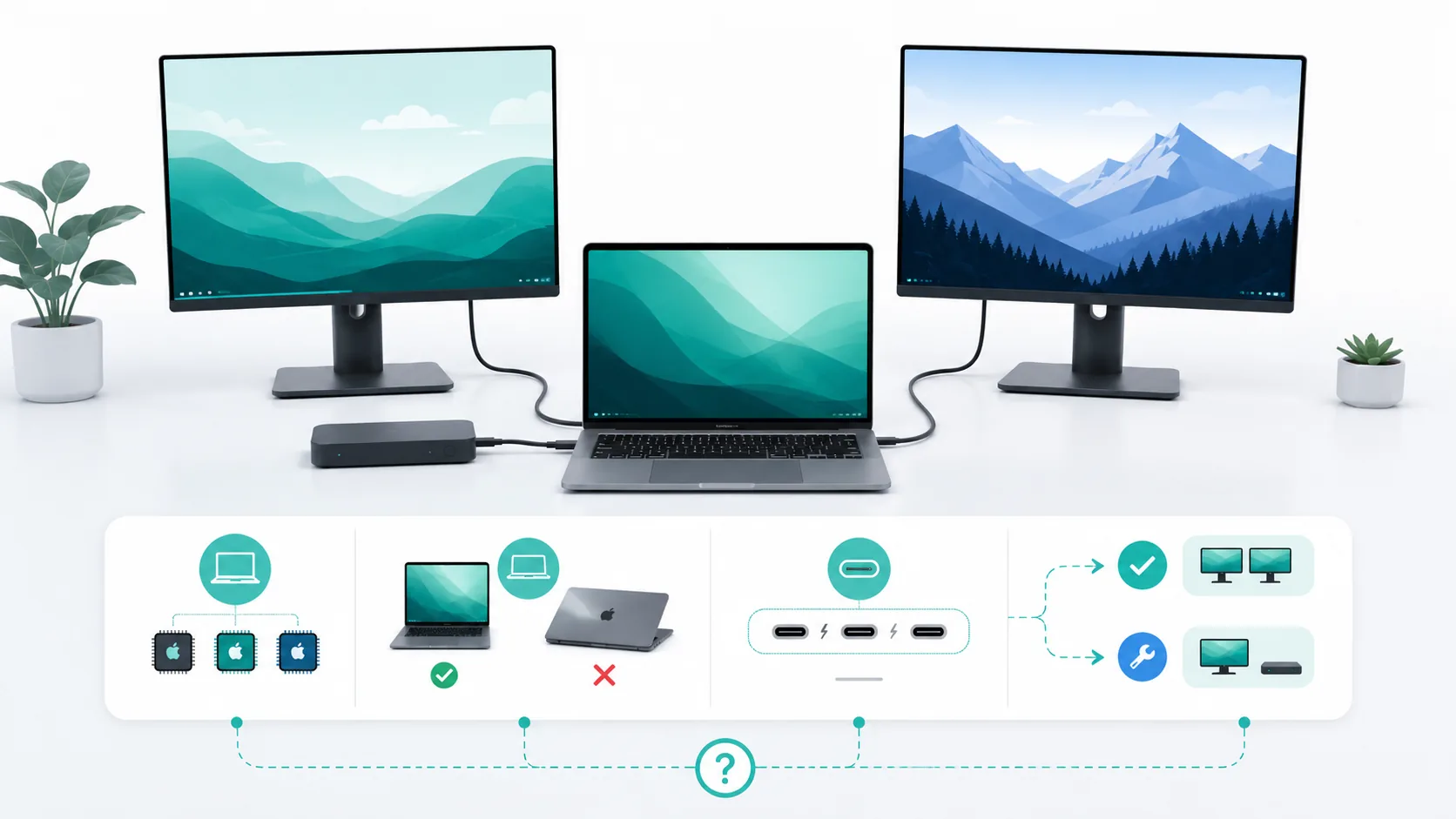 MacBook connected to two external monitors in a real home-office workspace