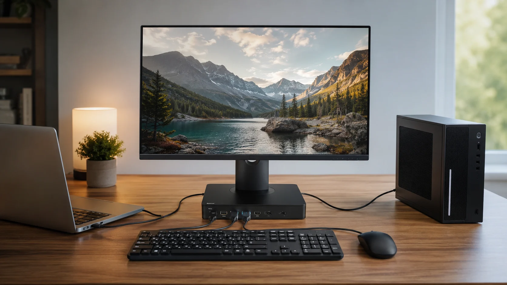 Two computers sharing a monitor, keyboard, and mouse