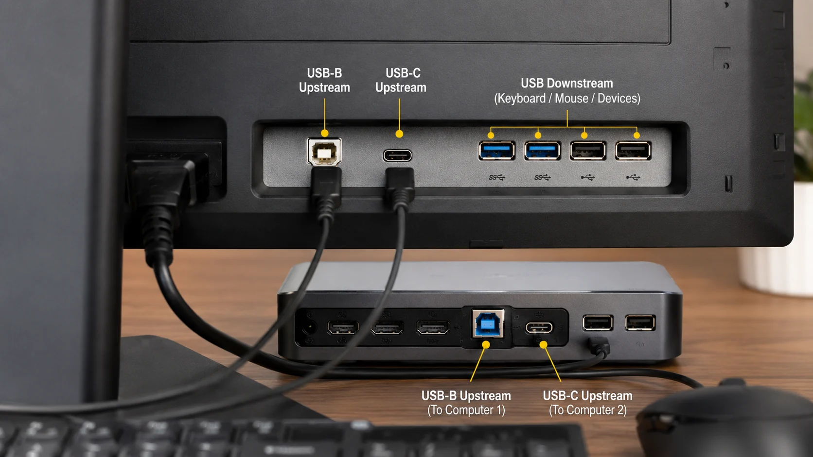 USB upstream and downstream ports on a monitor KVM