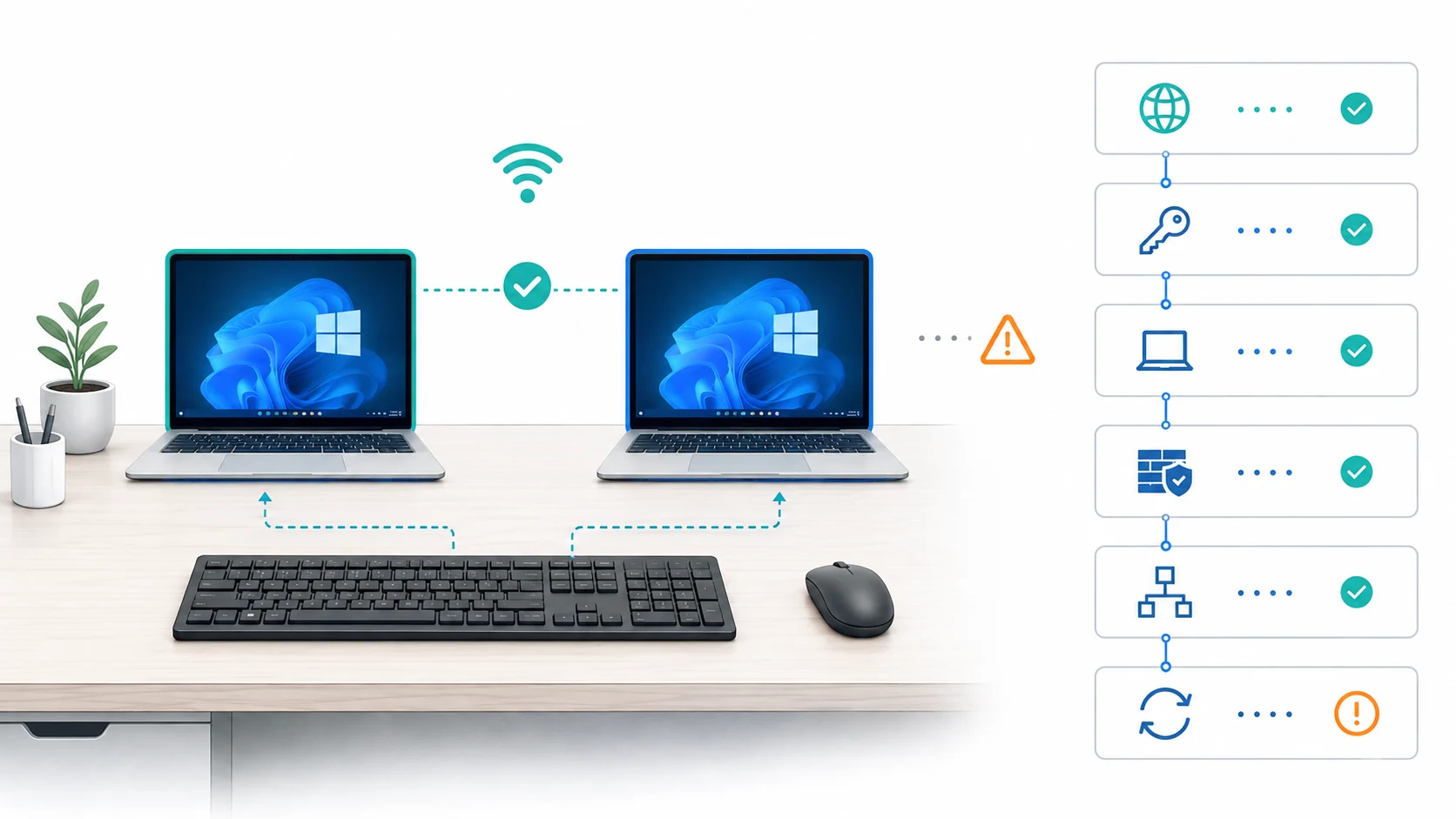 Two Windows PCs troubleshooting a Mouse Without Borders connection