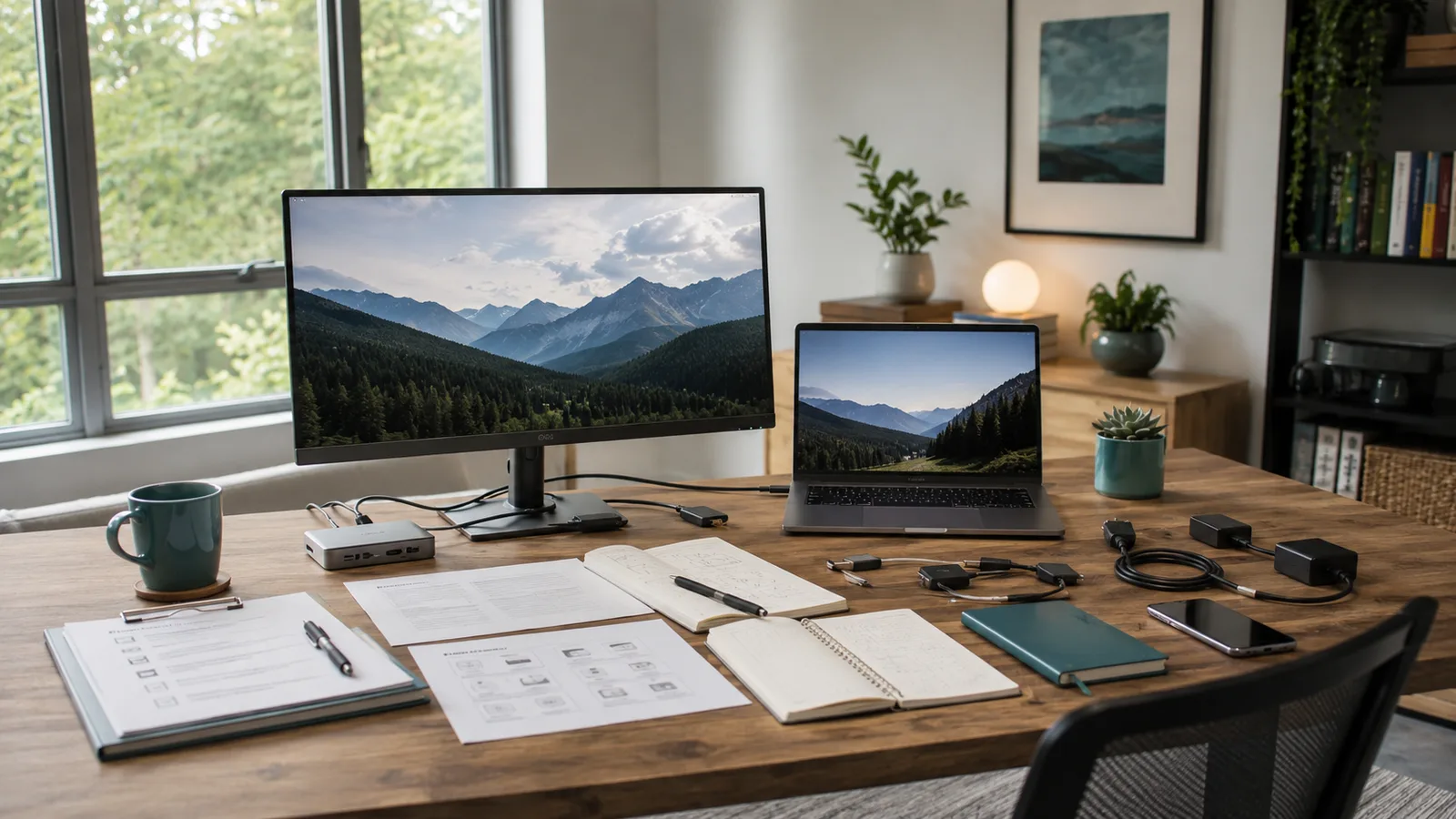 Home-office research desk with a laptop, monitor, dock, cables, and notes