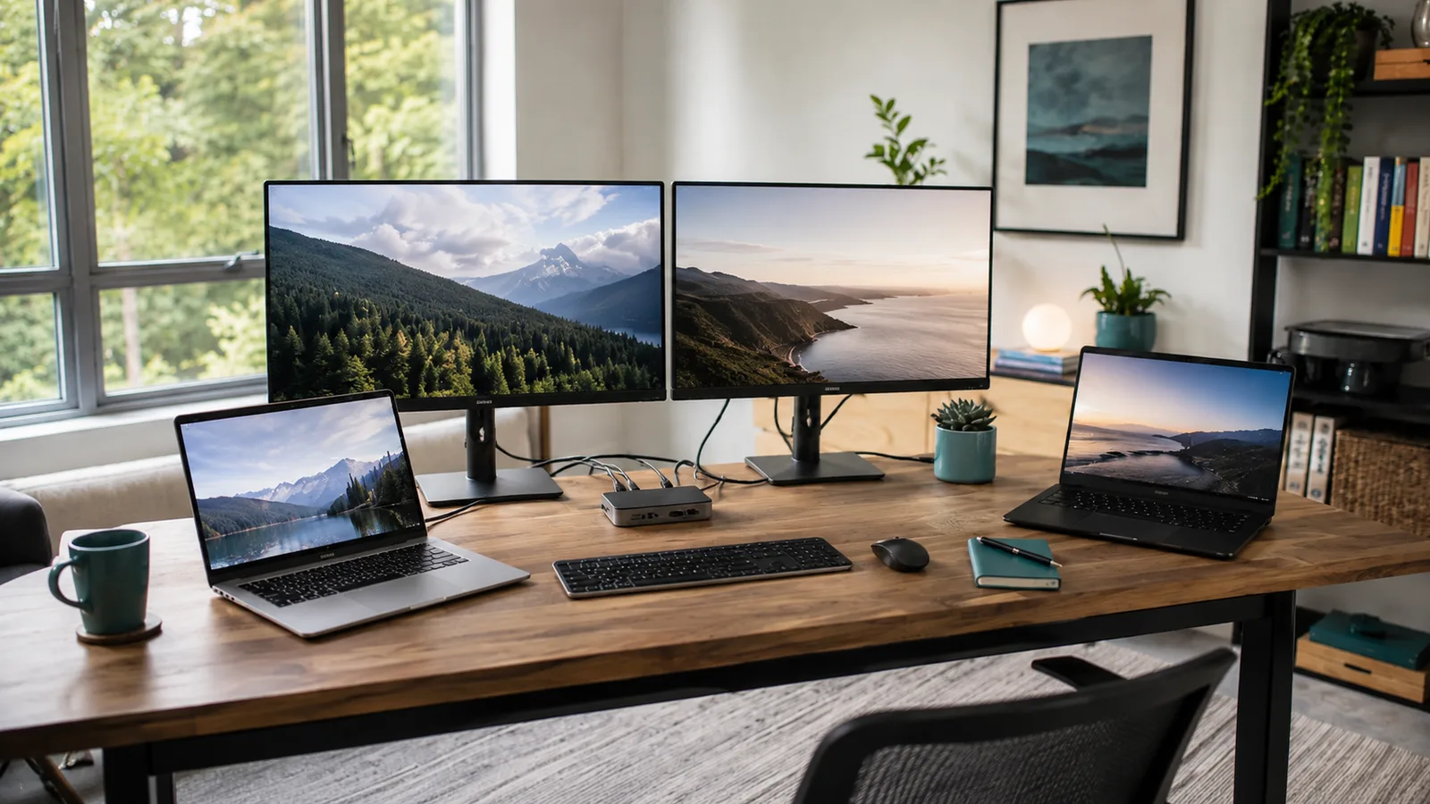 Dual-laptop, dual-monitor home-office workspace with a dock and shared peripherals