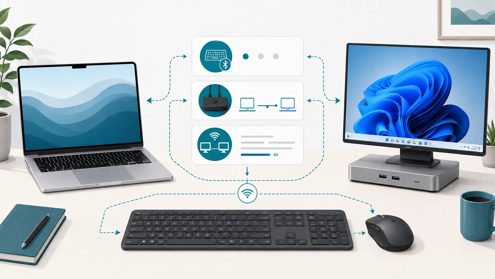 Multi-device peripherals, a USB switch, and software as three ways to share input between Mac and Windows