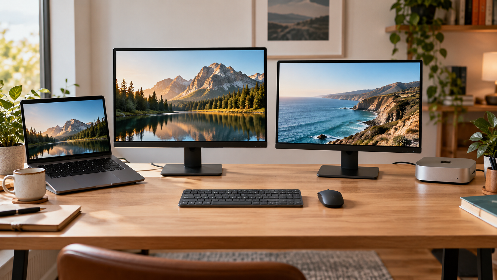 Conceptual two-computer desk with separate displays and one shared keyboard and mouse; the image does not establish that a particular sharing method will work
