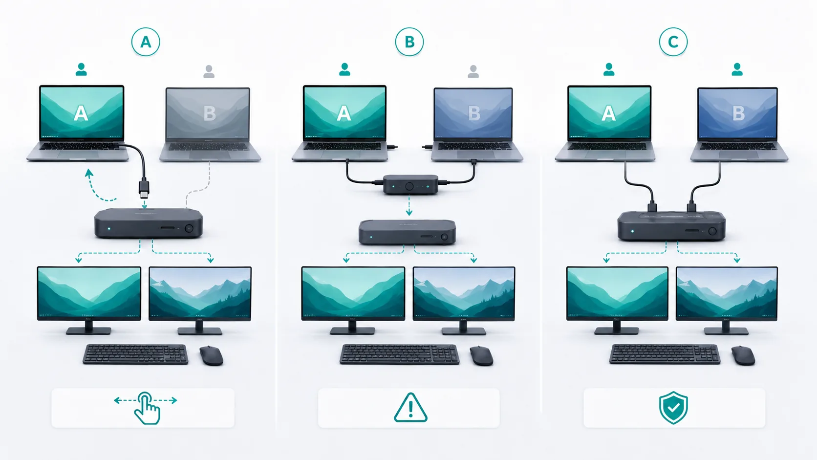 Two laptops beside one docking station in a shared home-office setup