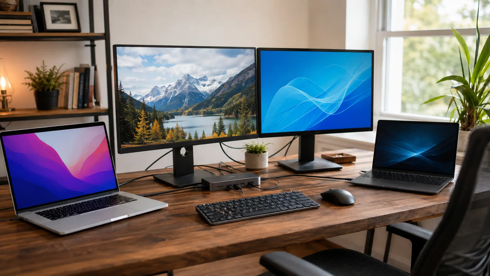 MacBook and Windows laptop dual-monitor workspace with a shared dock