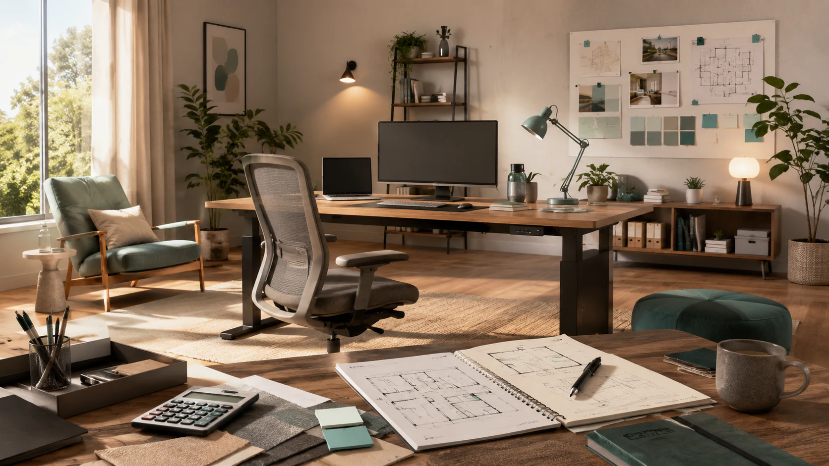 Planned home office with room layout, furniture, and work surfaces in view