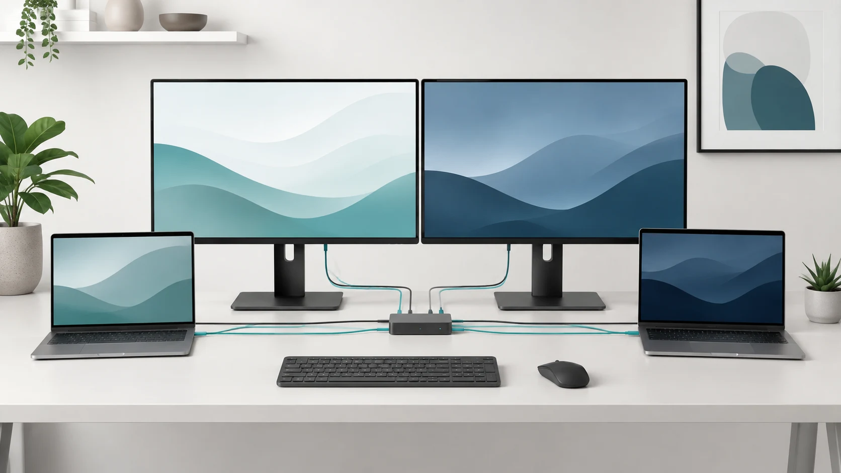 Two laptops sharing two monitors, one keyboard, and one mouse on one desk