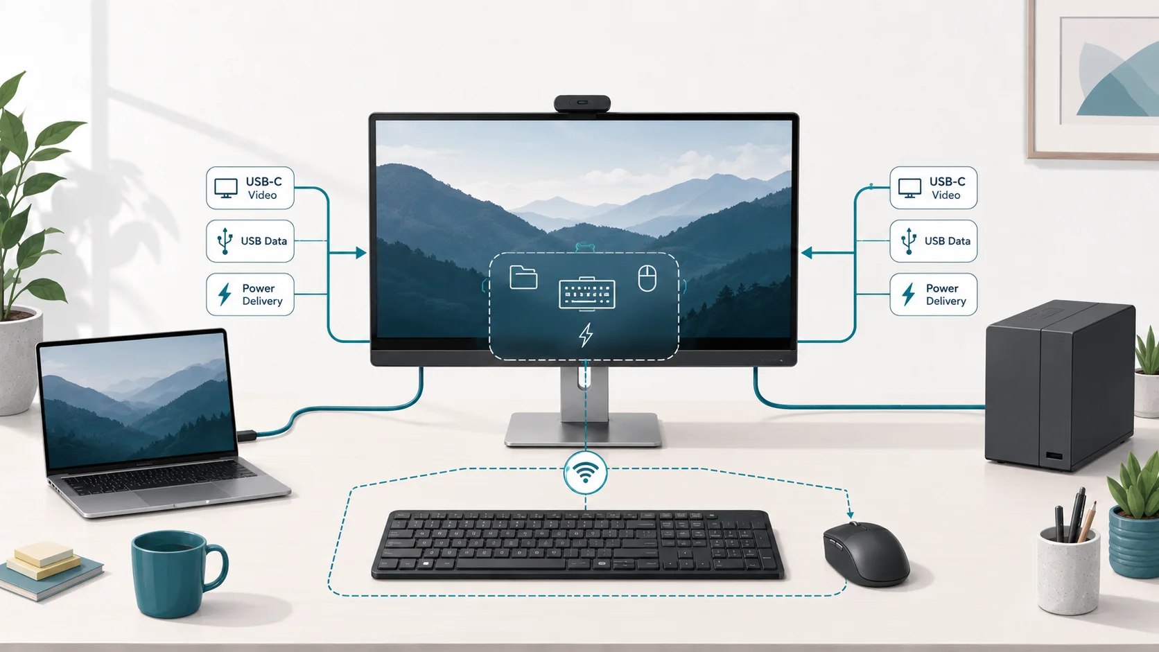 A built-in monitor KVM routing USB-C video, USB data, Power Delivery, keyboard, and mouse between two computers