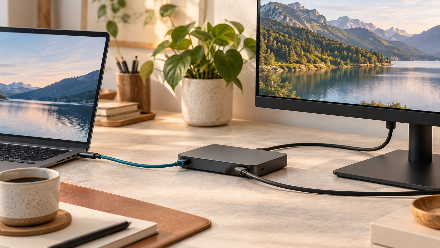 Conceptual laptop-to-dock-to-display connection path with USB-C-style cables; port shape alone does not establish USB4 or Thunderbolt 4 capability
